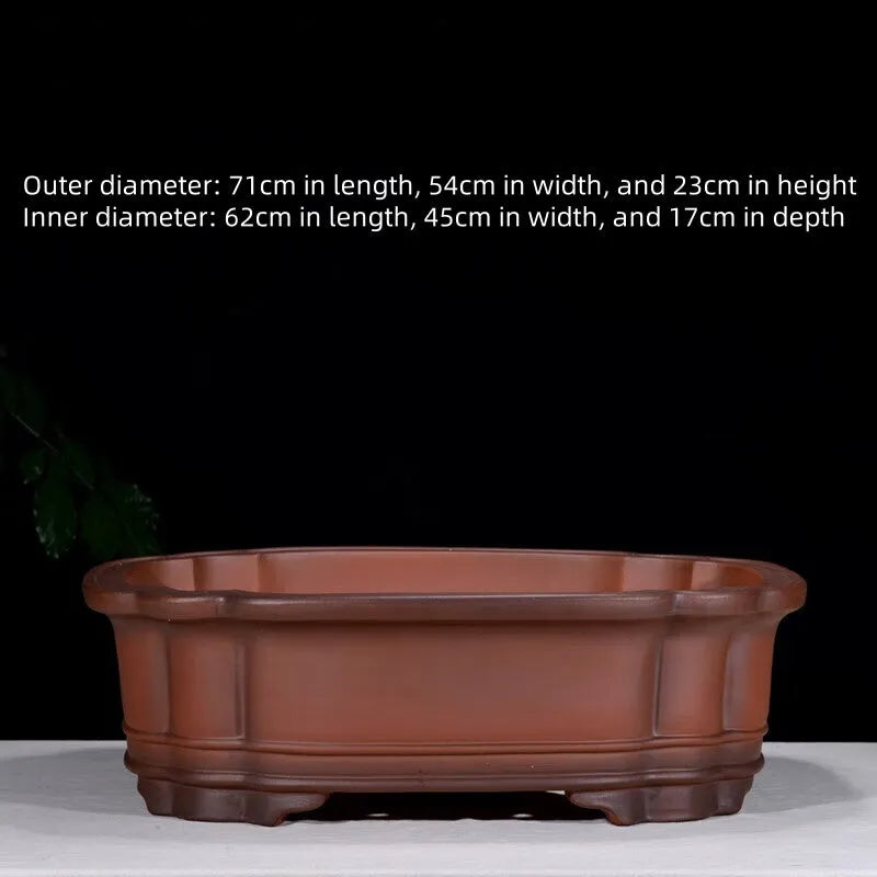 Antique finished rectangular purple clay flowerpot with detailed tree stump and floral relief carving.