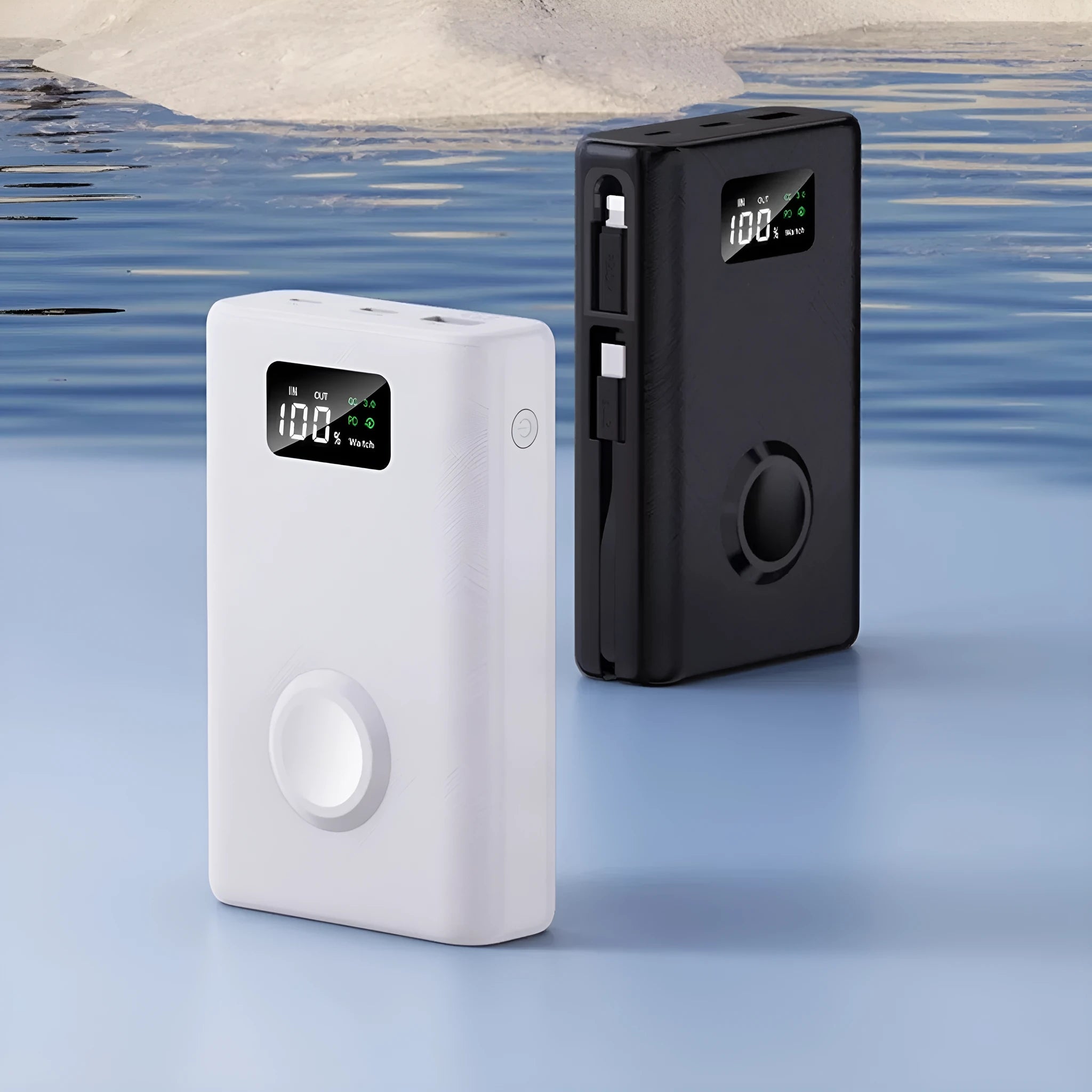 White and black wireless charging power bank with screen display showing battery level, 20000mAh capacity.