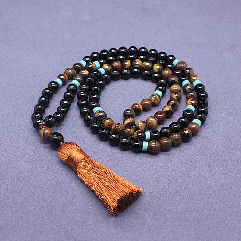 Black agate bracelet and tiger eye necklace set with geometric bead design