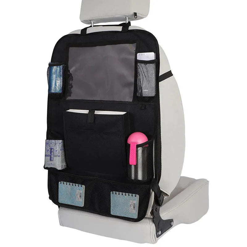 Black universal car organiser hanging storage bag with multiple pockets attached to car headrest