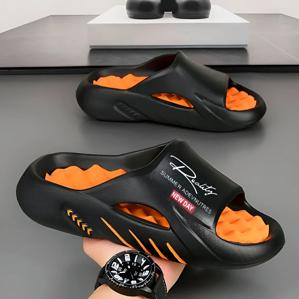 Men's foot massage slippers in beige brown with non-slip EVA sole and massage nodes