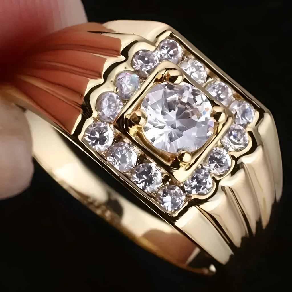 Gold copper ring with wide geometric surface and micro-inlaid zircon accents