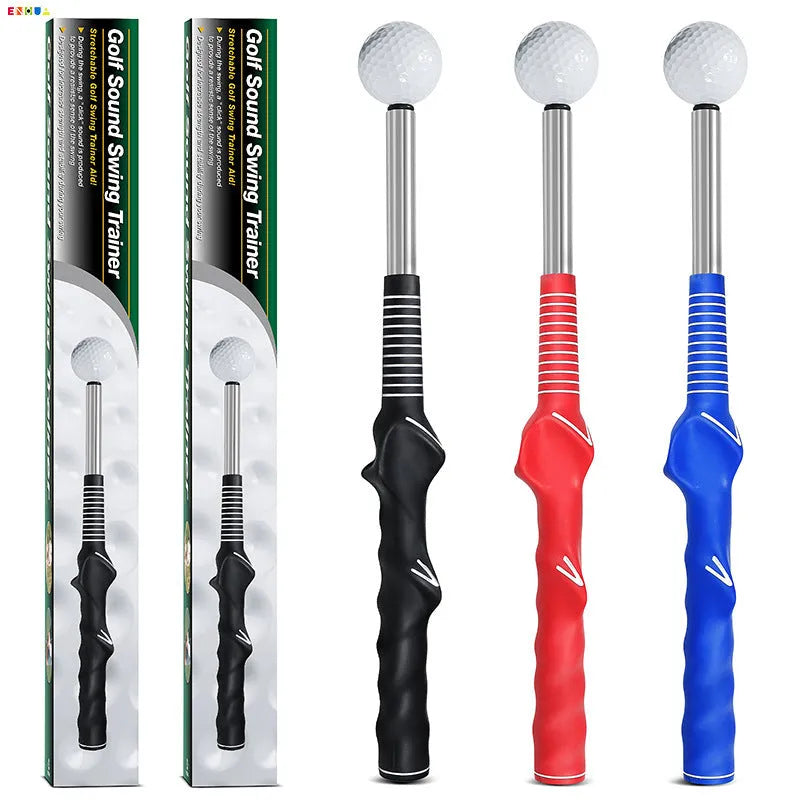A telescopic golf swing simulator made of stainless steel, shown in black, blue, and red colour options.