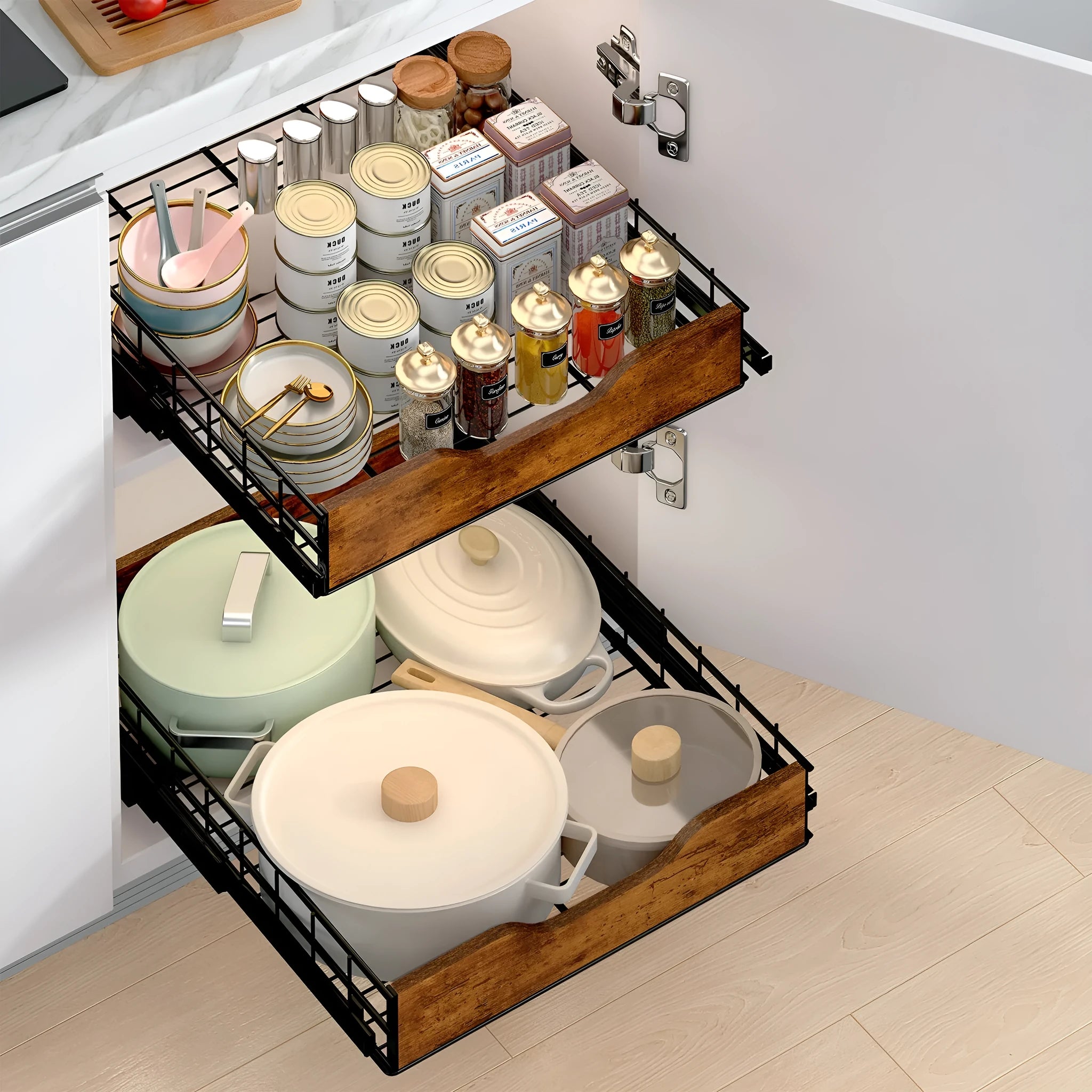 Black modern storage rack with wood frame and iron pull-out basket drawers for kitchen organisation.
