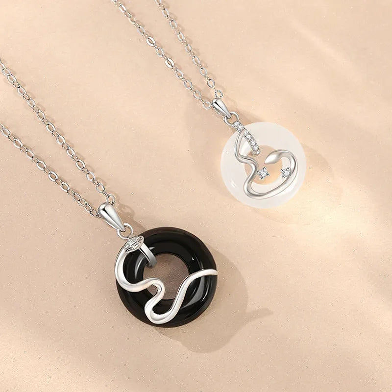 Chinese style 925 silver snake couple necklace with O-ring chain and Peace Buckle pendant in black finish