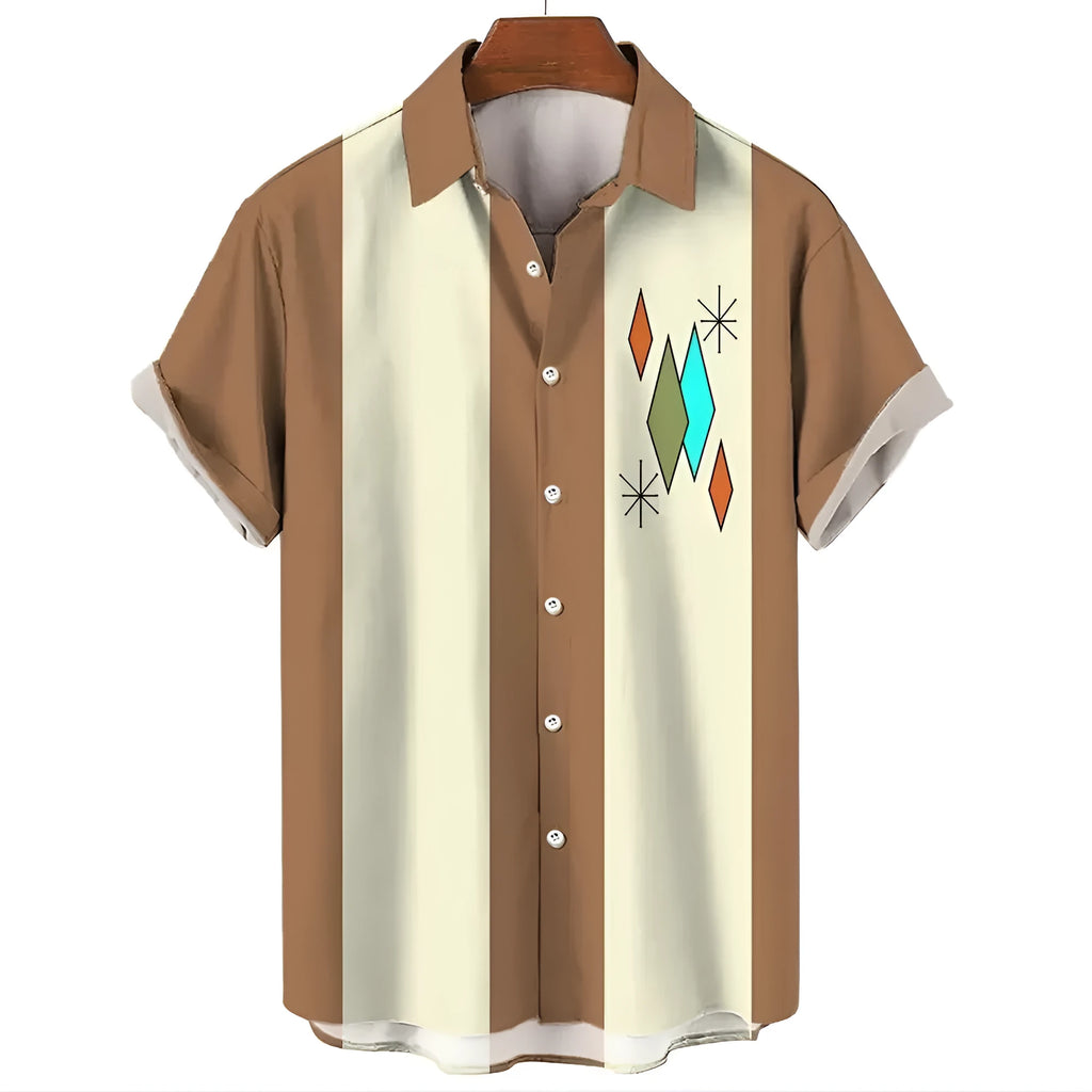 Man wearing a striped casual short-sleeve Hawaiian shirt with button front.