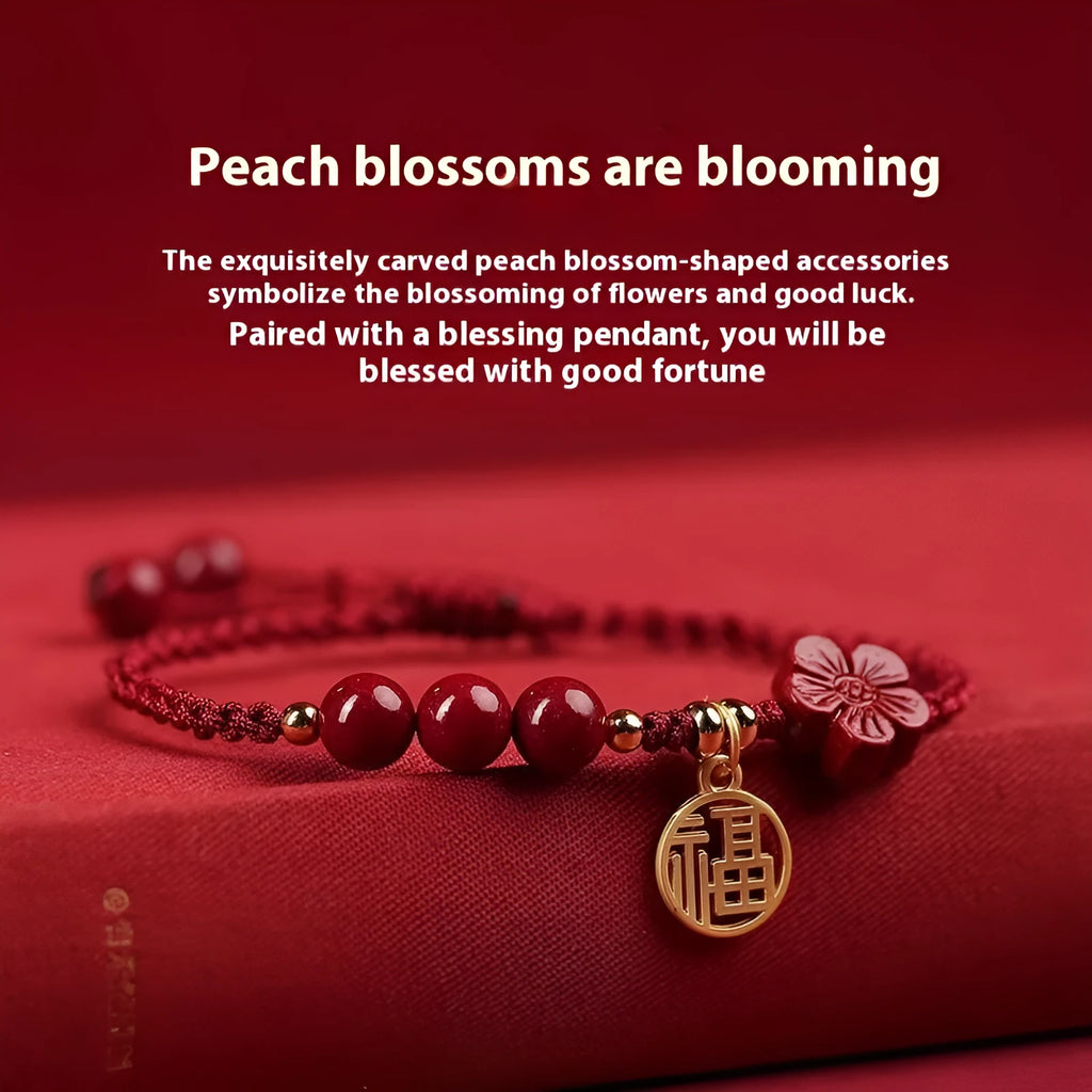 Cinnabar bracelet with braided rope in three colour options featuring round bead or flower blessing card charms
