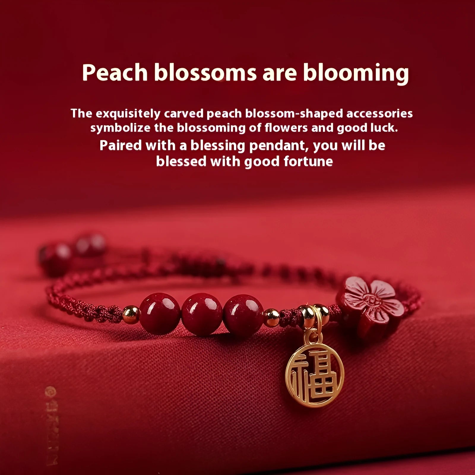 Cinnabar bracelet with braided rope in three colour options featuring round bead or flower blessing card charms