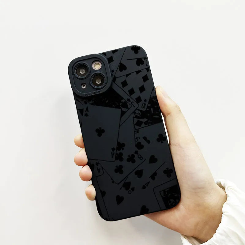 Black silicone phone case with playing cards and text design for iPhone 16 15 14 13 12 11 Pro Max