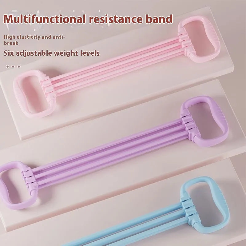 Women's adjustable chest expander with TPE tensile rope in blue, pink, or purple colour.