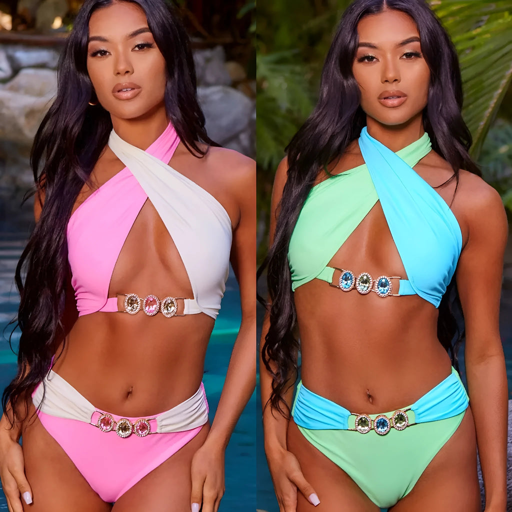 Solid colour cross lace-up cutout split swimsuit for women, high waist backless polyester briefs, available in multiple colours