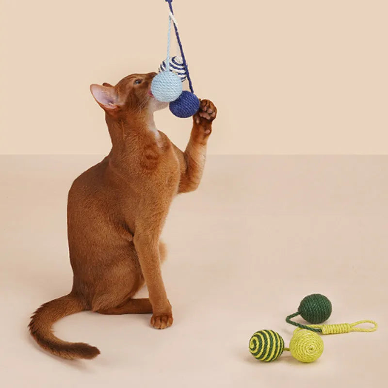 Four-piece cat toy set featuring a teaser stick and a catnip ball on a blue background