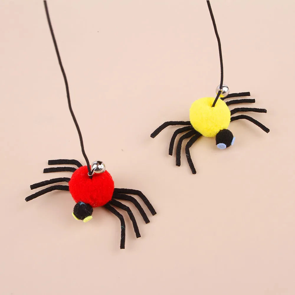 Hanging door cat toy with elastic rope and feather stick in red or yellow colour options