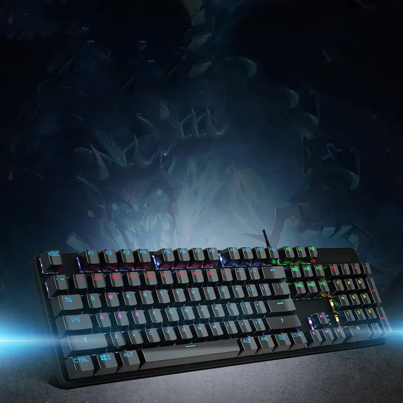 GK410 black metal mechanical keyboard with backlit keys on a desk.