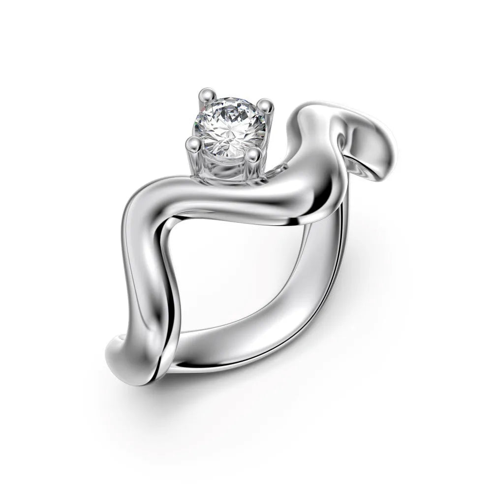 Women's silver electroplated open ring with single diamond and smooth wave line design, white gold tone