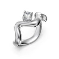 Women's silver electroplated open ring with single diamond and smooth wave line design, white gold tone