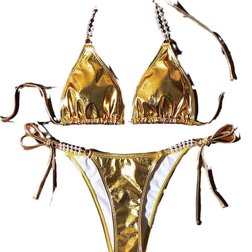 Gold halter lace-up bikini swimsuit with pearl chain fastening on the back