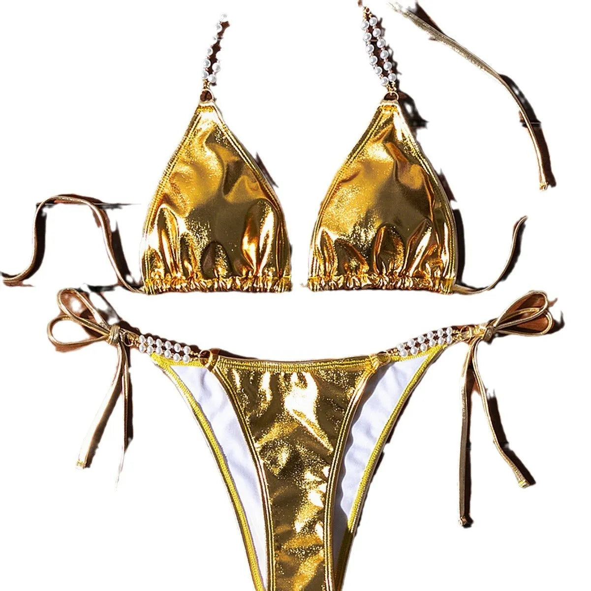 Gold halter lace-up bikini swimsuit with pearl chain fastening on the back