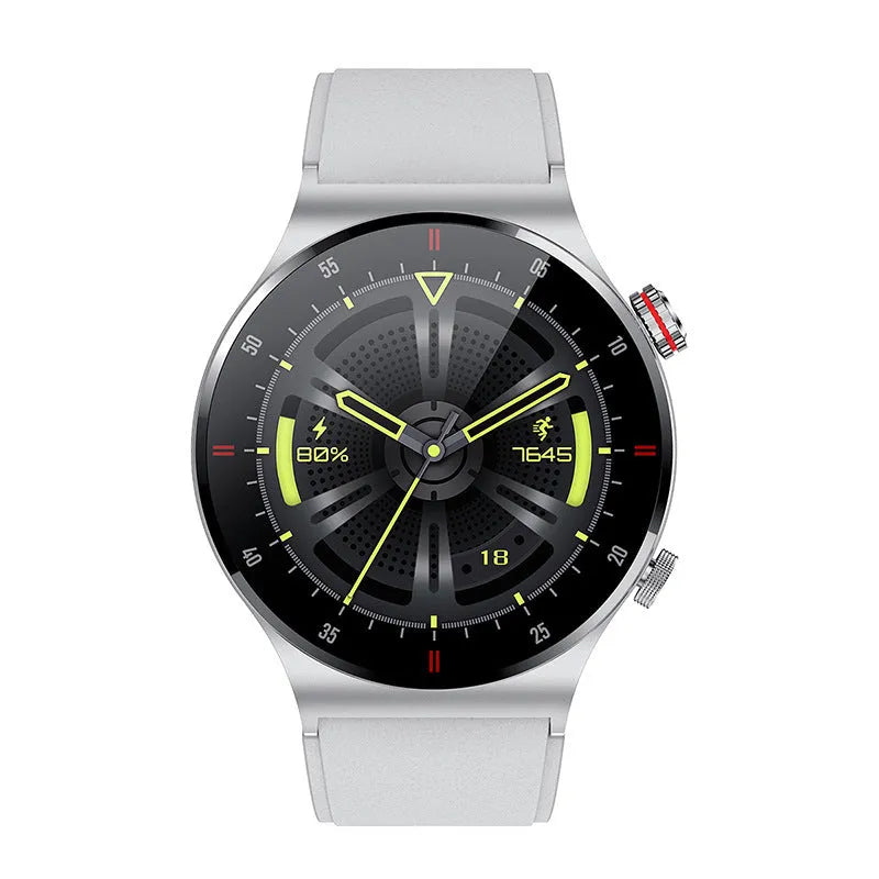 Black smart watch with silicone band and a 1.28-inch screen displaying health metrics.