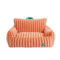 Striped soft velvet pet bed for dogs with a removable cover in yellow, orange, or purple.