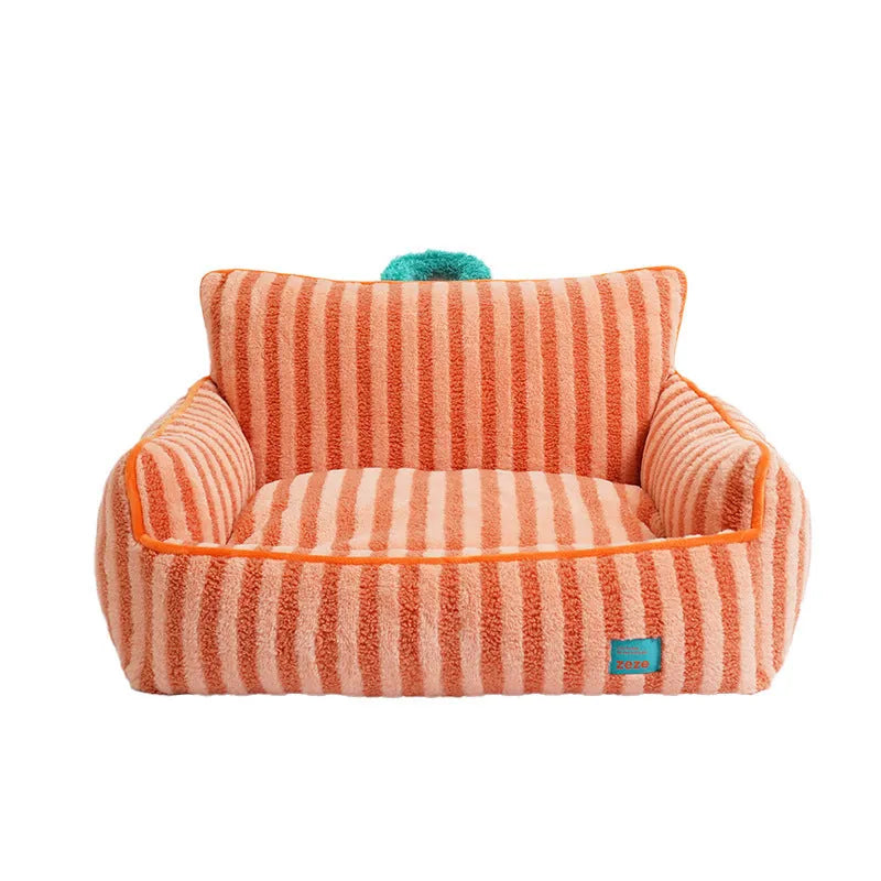 Striped soft velvet pet bed for dogs with a removable cover in yellow, orange, or purple.