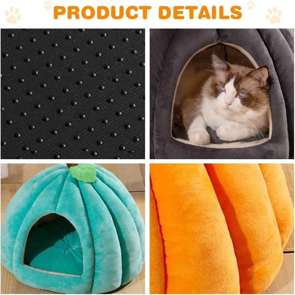 Pumpkin-shaped cat bed cave house with plush interior and anti-slip rubber base