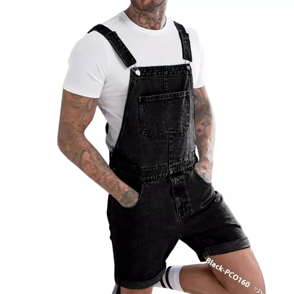 Youth denim suspender shorts with elastic waist and straight leg cut in black, blue, or grey colours