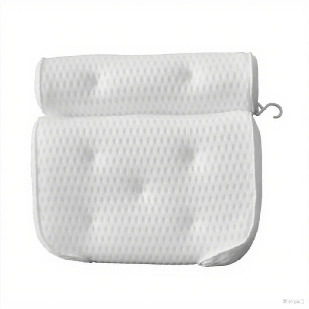 White 4D mesh bathtub pillow with suction cups on a bathtub