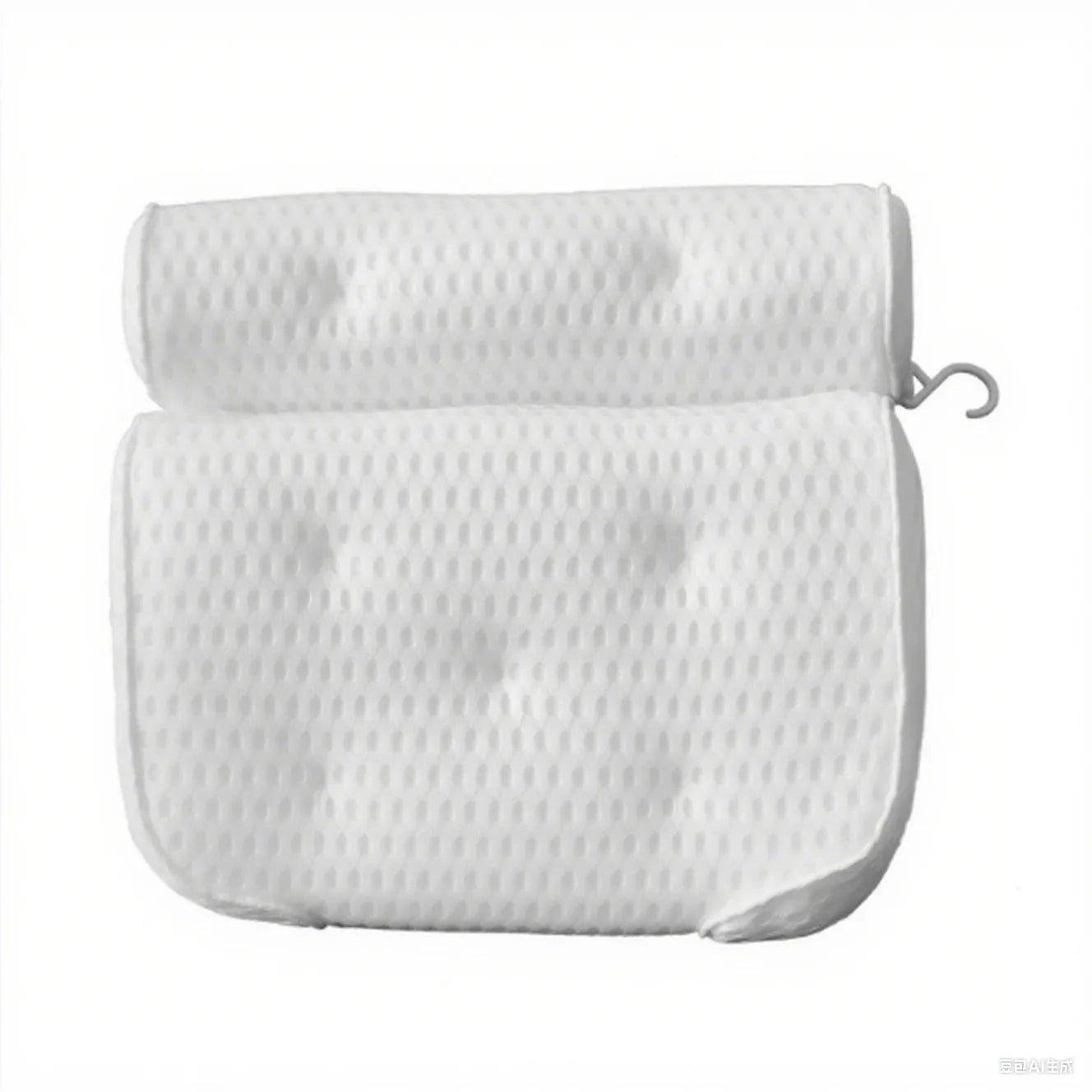 White 4D mesh bathtub pillow with suction cups on a bathtub