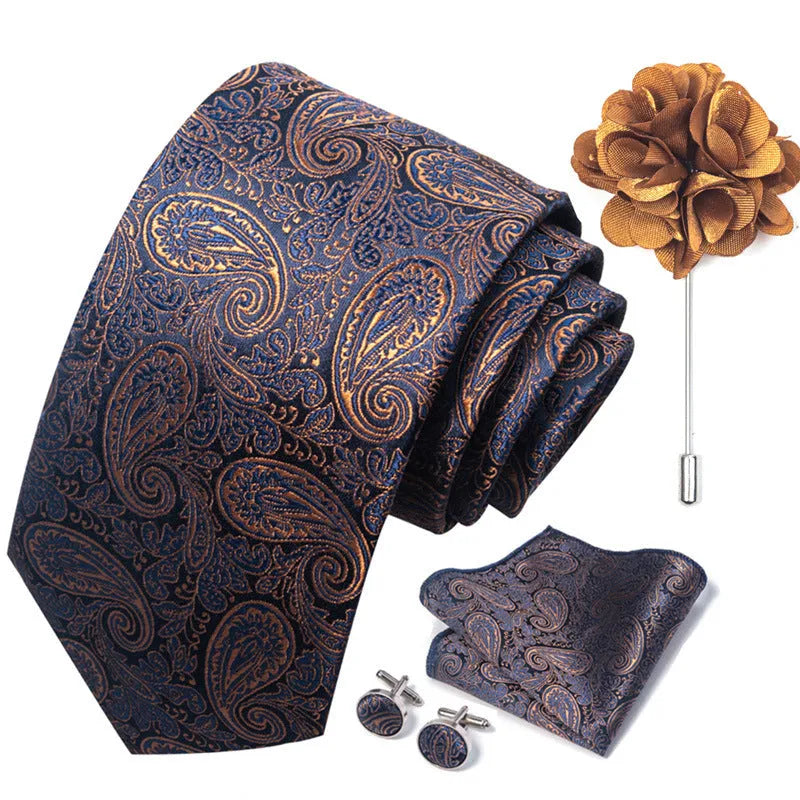 Floral jacquard polyester yarn tie and pocket square combo set for men, 147cm length, 50 colour options