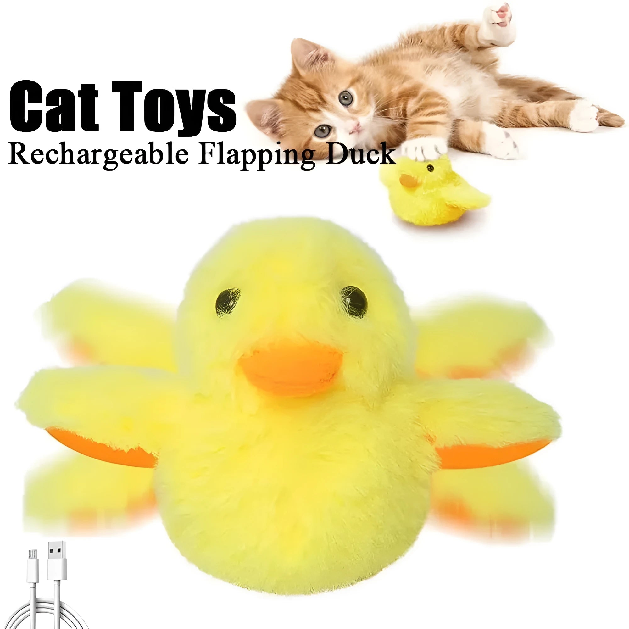 Yellow flapping duck cat toy with vibration sensor and removable plush cover