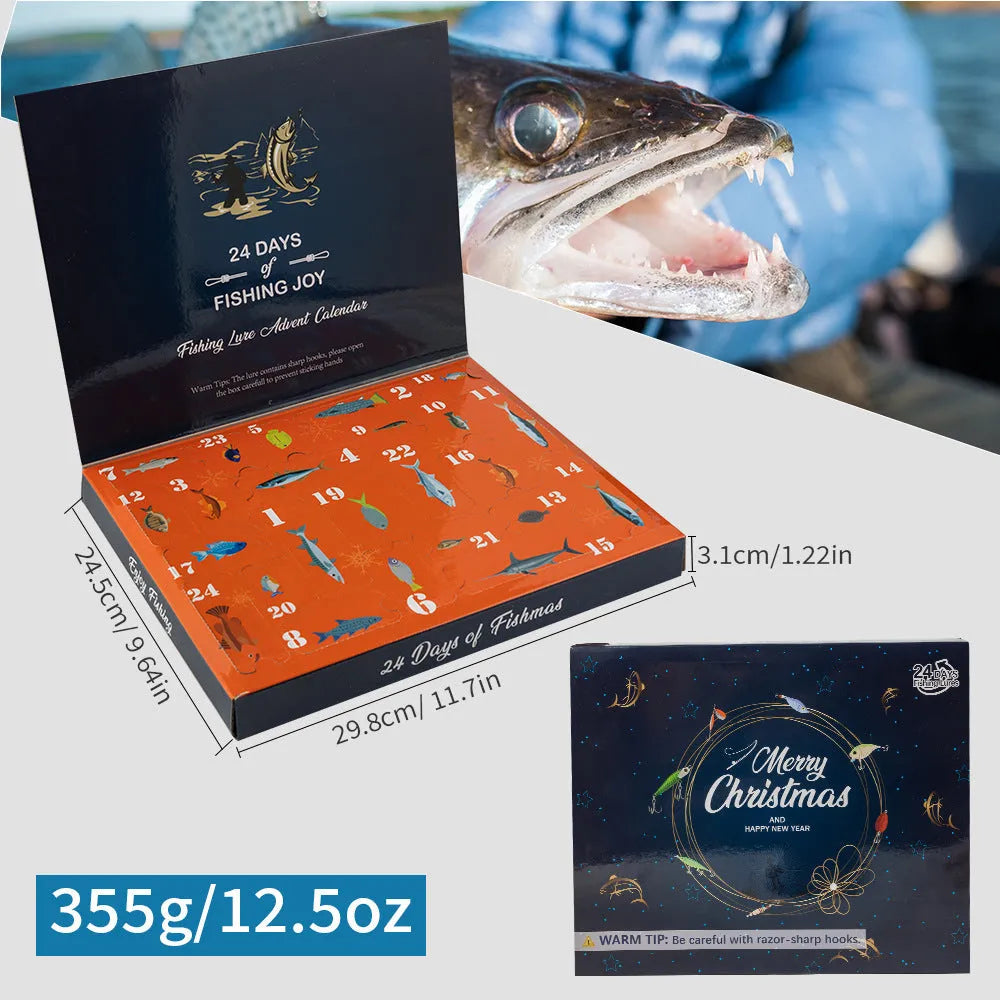 Closed blind box containing a 24-piece metal Christmas Mino Bog fishing set with tackle.