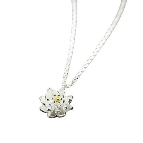S925 sterling silver lotus necklace with O-ring chain and silver flower pendant for women, PL205 series