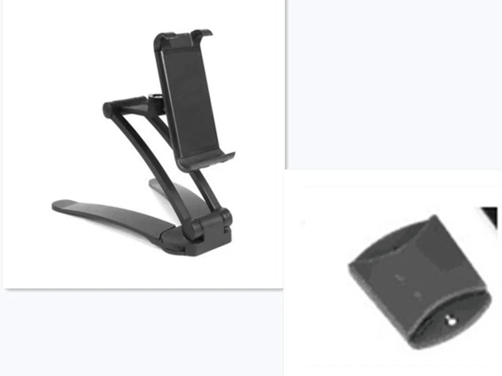 Silver aluminium alloy desktop stand holding a tablet at an angle, with adjustable clips and a white mounting base.