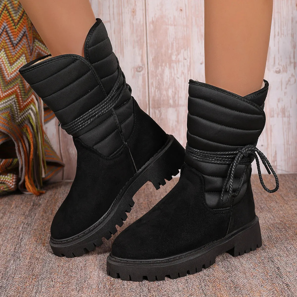 Women's black suede high-top winter boots with a chunky heel and lace-up front, fleece-lined.