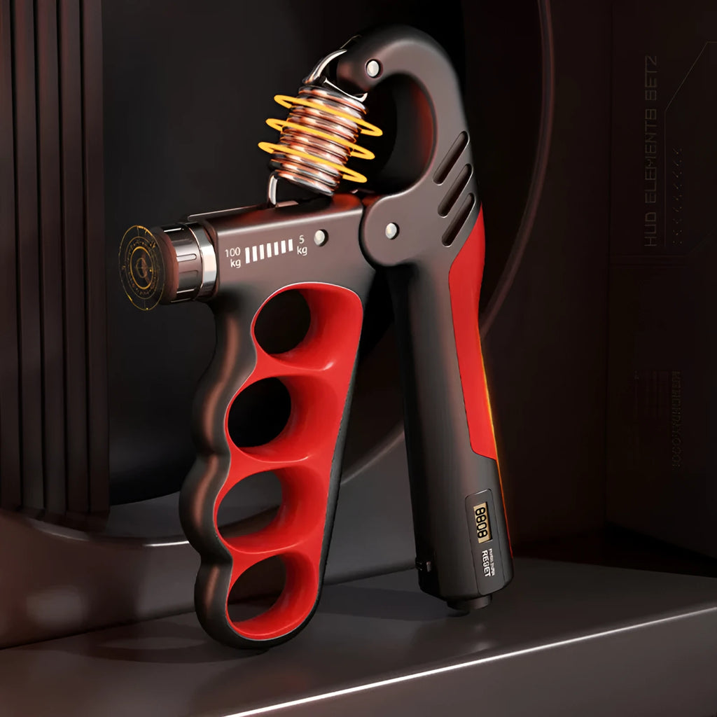 Adjustable spring grip trainer with electronic counter display in orange, red, or grey colour.