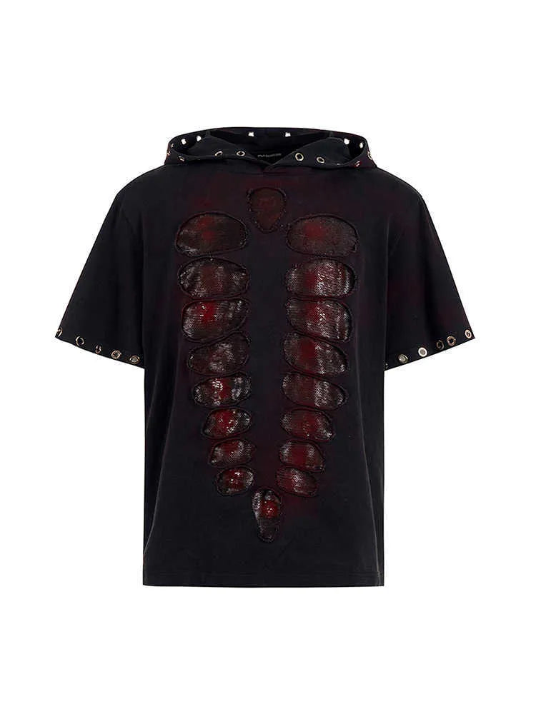 Men's black loose-fit hooded t-shirt with short sleeves and sequin decoration.