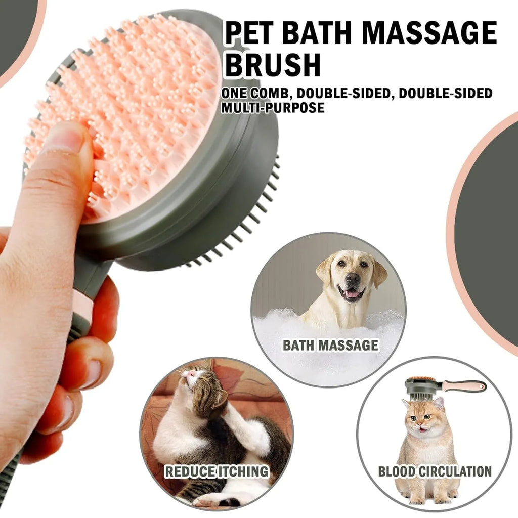Pink double-sided cat grooming brush with release button and separate flea comb on white background
