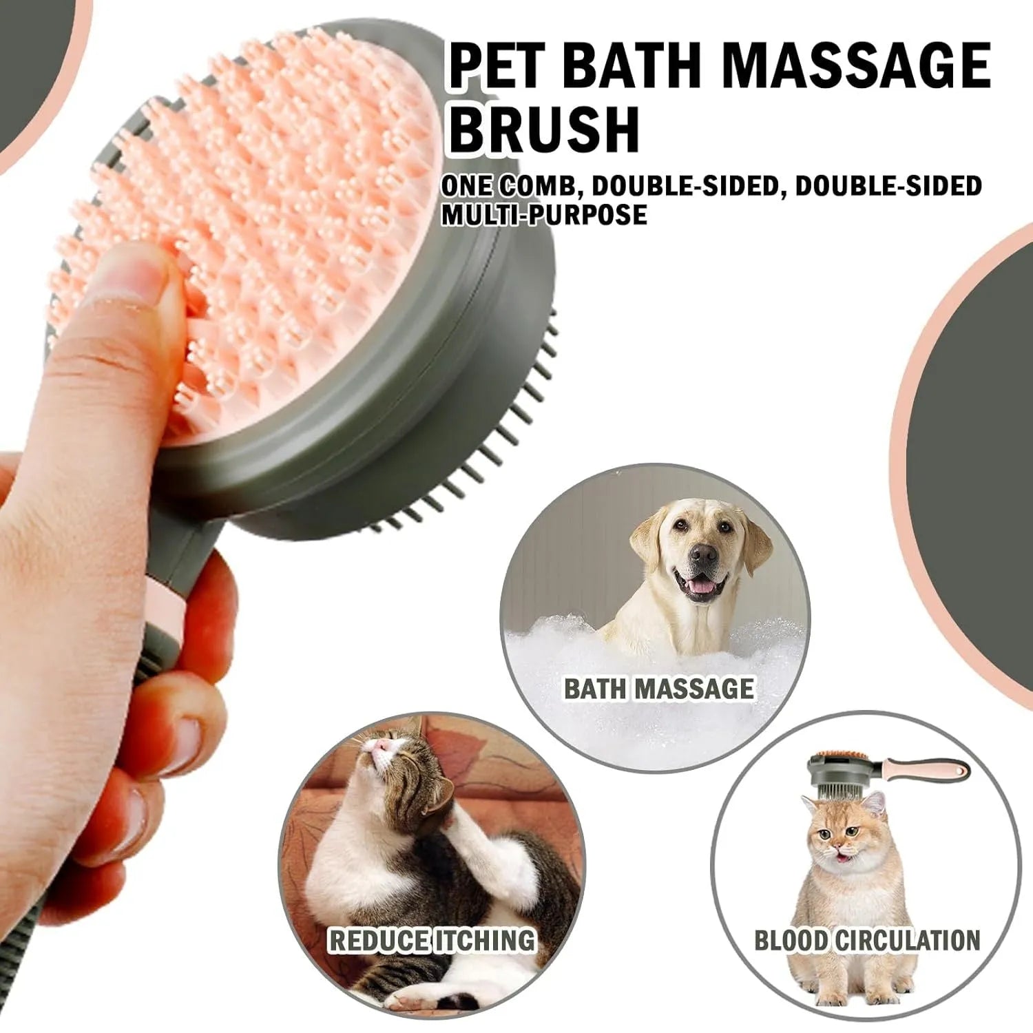 Pink double-sided cat grooming brush with release button and separate flea comb on white background