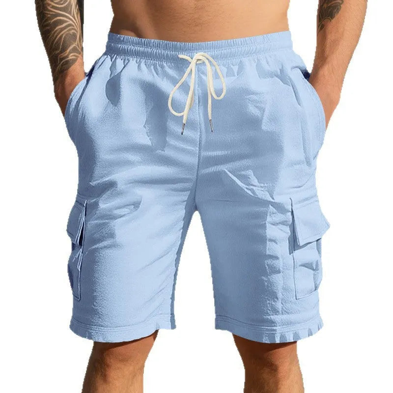 Men's linen blend casual shorts with multiple pockets in light blue colour showing loose-fit design