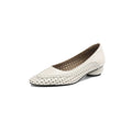 Women's beige mid-heel sandals with hollow-out design and round toe on a light background.