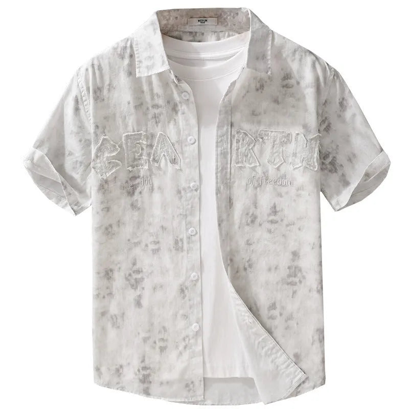 Men's grey-white pure cotton short-sleeved cardigan with loose fit and hanging dyed print
