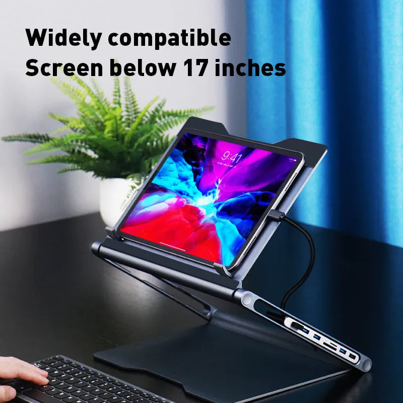 Aluminium alloy laptop stand with 8-in-1 USB-C docking station in deep space grey for notebook desk use