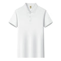Men's short sleeve Ice Silk lapel business shirt in multiple colours on a hanger, showing slit style detail.