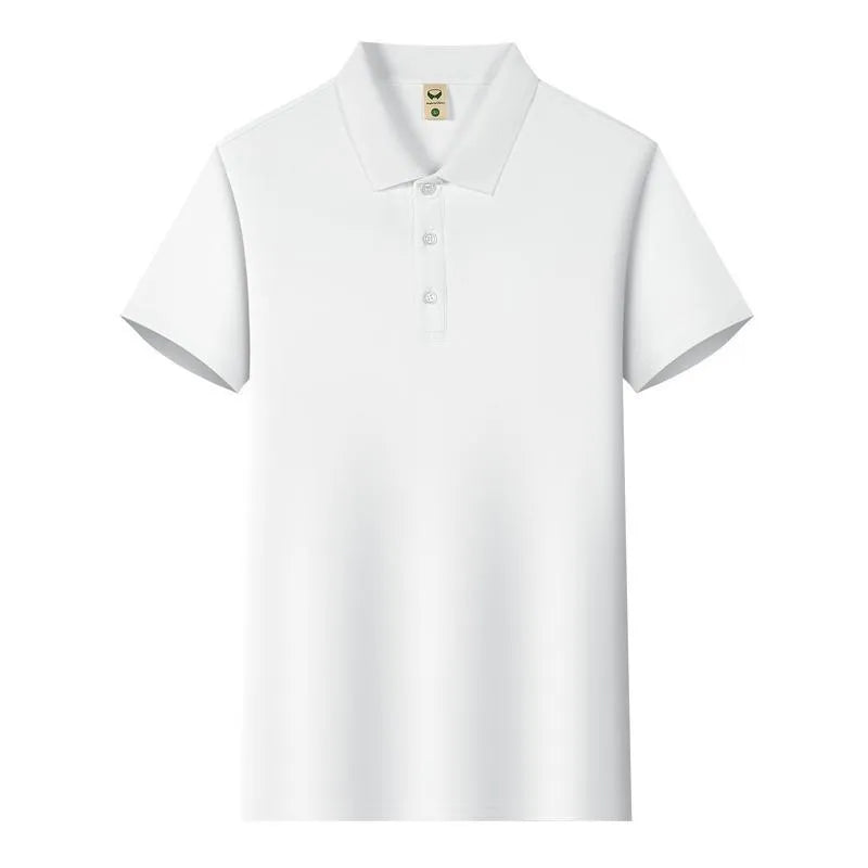 Men's short sleeve Ice Silk lapel business shirt in multiple colours on a hanger, showing slit style detail.