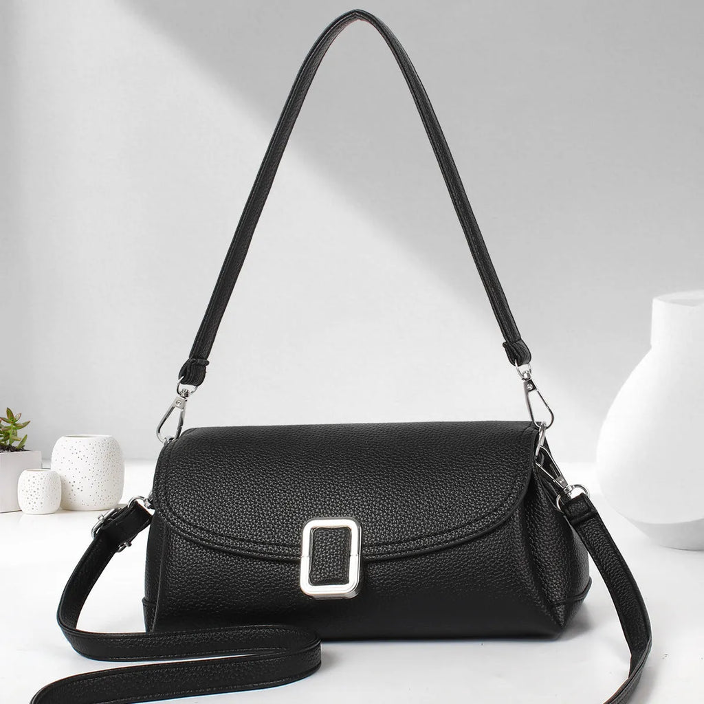 Women's PU shoulder handbag in beige, showing front view with adjustable strap.