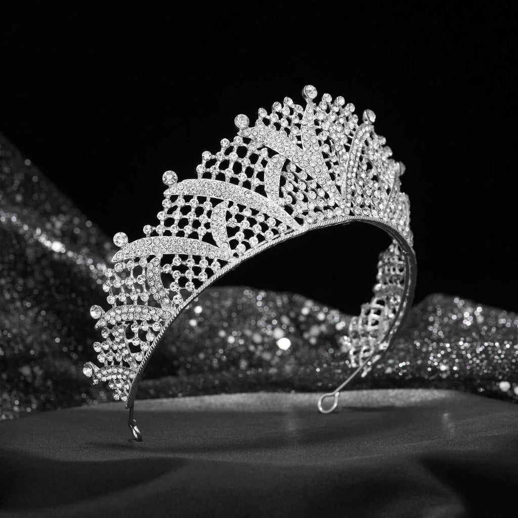 Silver white zircon full diamond alloy crown headband for women on white background