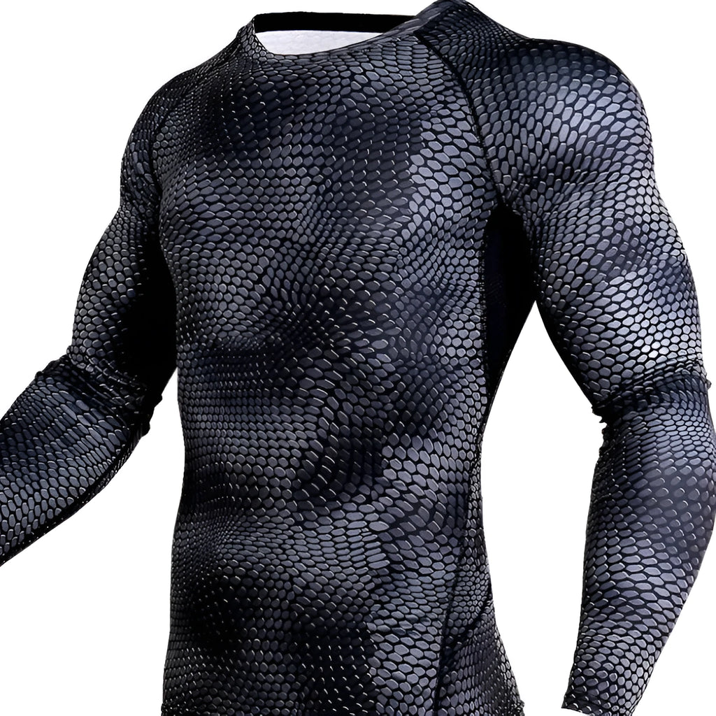 Men's long sleeve compression gym running shirt in blue, showing O-neck and athletic fit