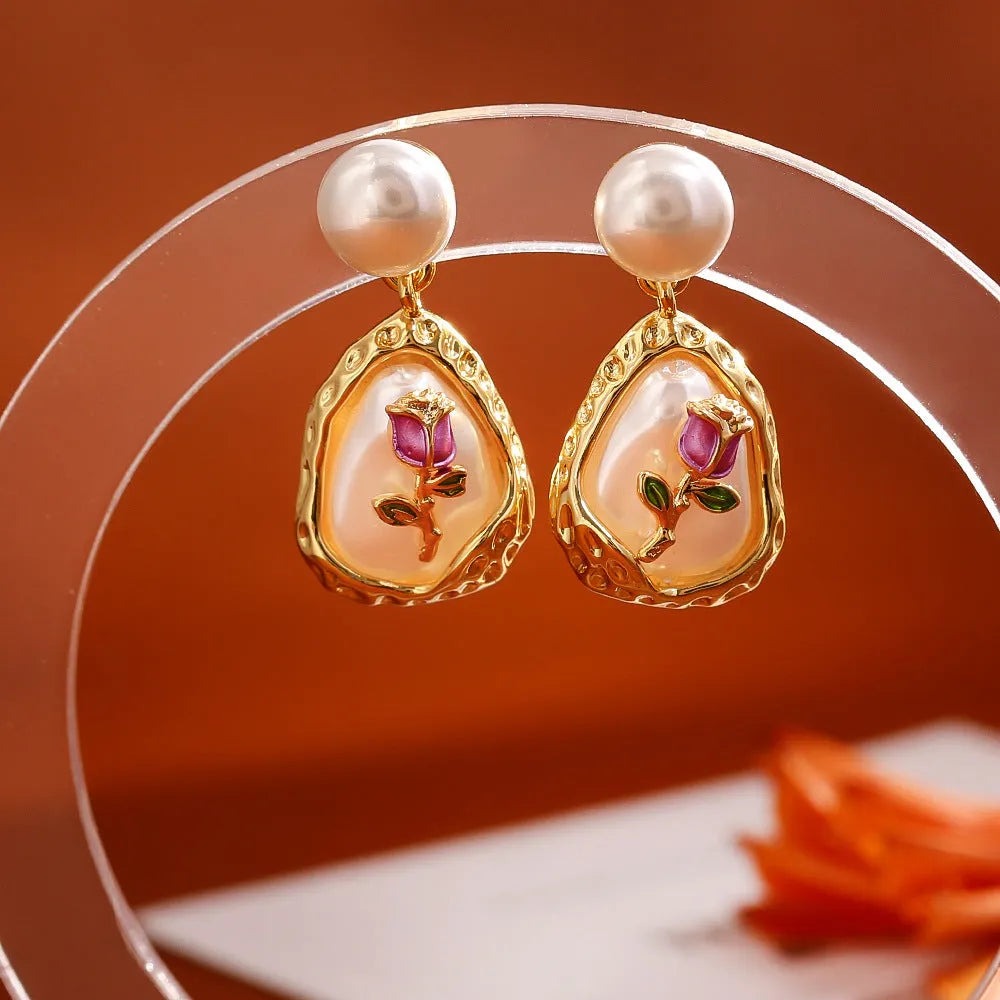 Rose baroque pearl stud earrings for women, copper base with pearl inlay, geometry shape, one pair