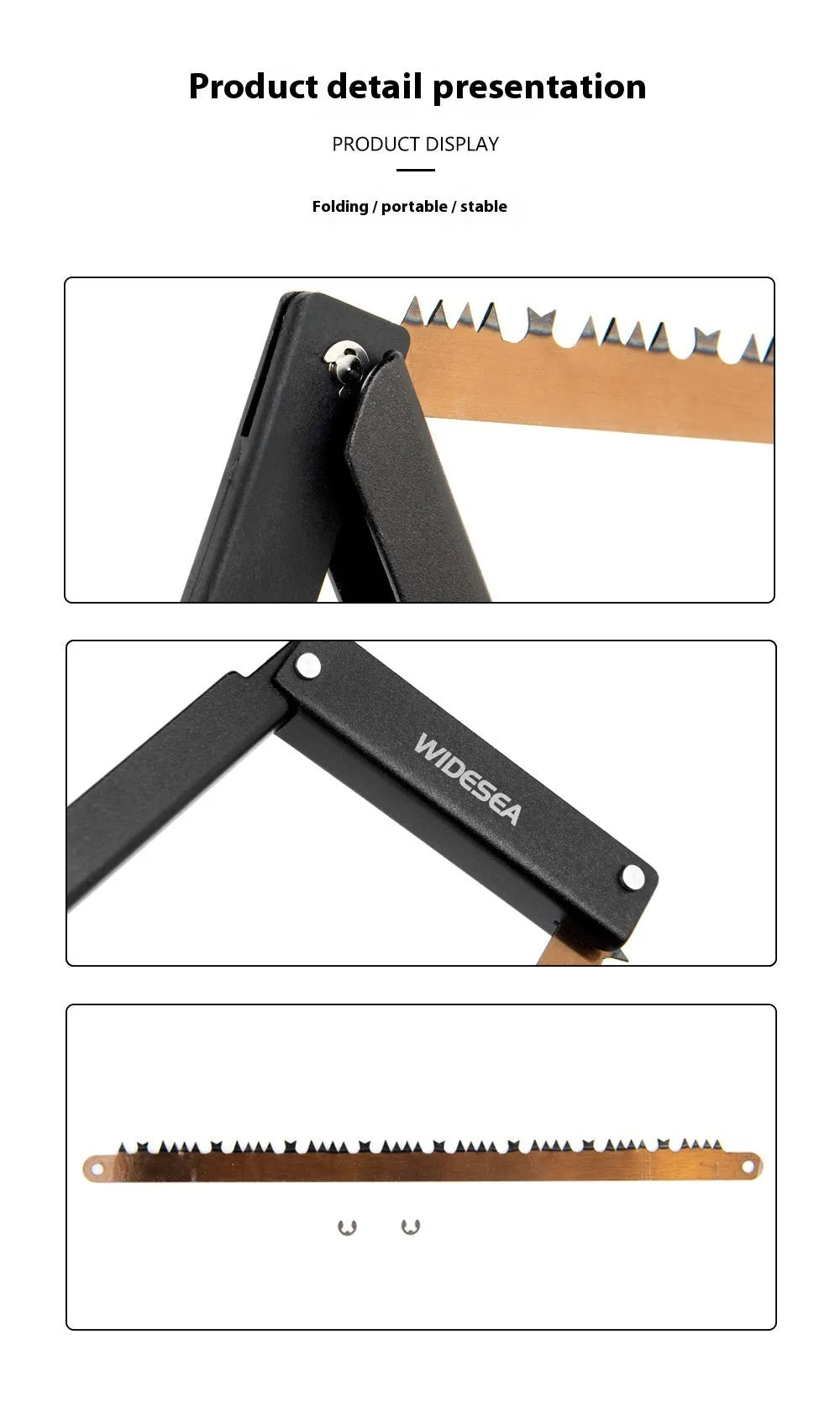 Black outdoor foldable saw with aluminium handle shown in open and closed positions.